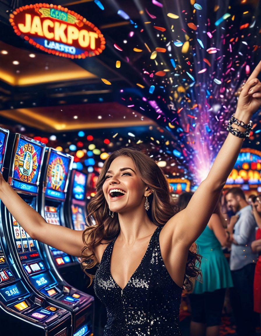 A vibrant casino floor filled with shiny penny slot machines, colorful lights flashing, and excited players. In the foreground, a smiling person holding a jackpot ticket while surrounded by coins and sparkling confetti. The background features a lively atmosphere with other players enjoying their games. The overall feel should evoke excitement and the thrill of winning. super-realistic. vibrant colors. dynamic lighting.