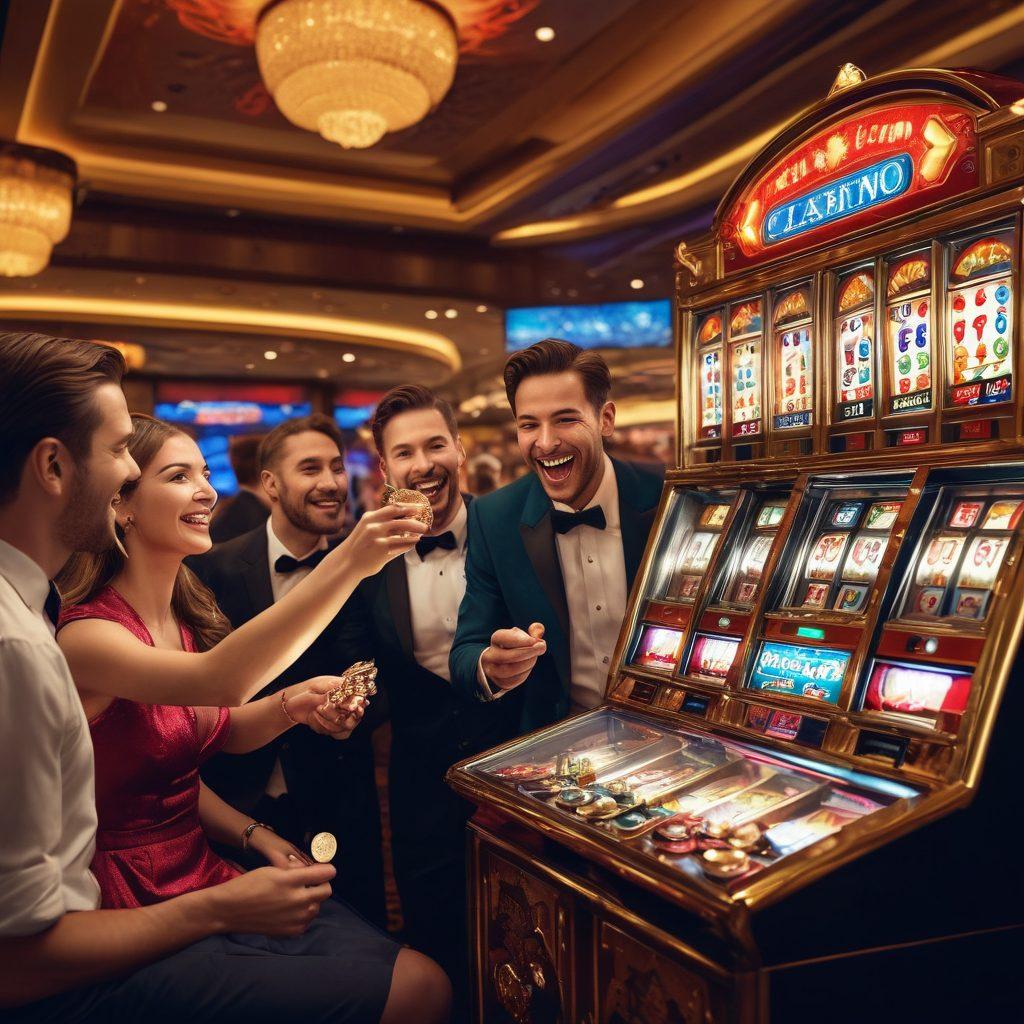 A vibrant casino scene featuring a variety of penny slot machines, each adorned with glimmering lights and colorful themes. Include a diverse group of players joyfully engaging with the machines, tossing coins, and sipping on drinks. In the foreground, showcase a hand holding a winning ticket with a triumphant expression. The atmosphere should be lively and exciting, capturing the thrill of the experience. super-realistic. vibrant colors.
